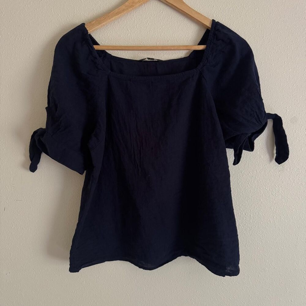 Banana Republic Linen Cotton Blouse S Navy Puff Sleeve Tie Cuff Coastal